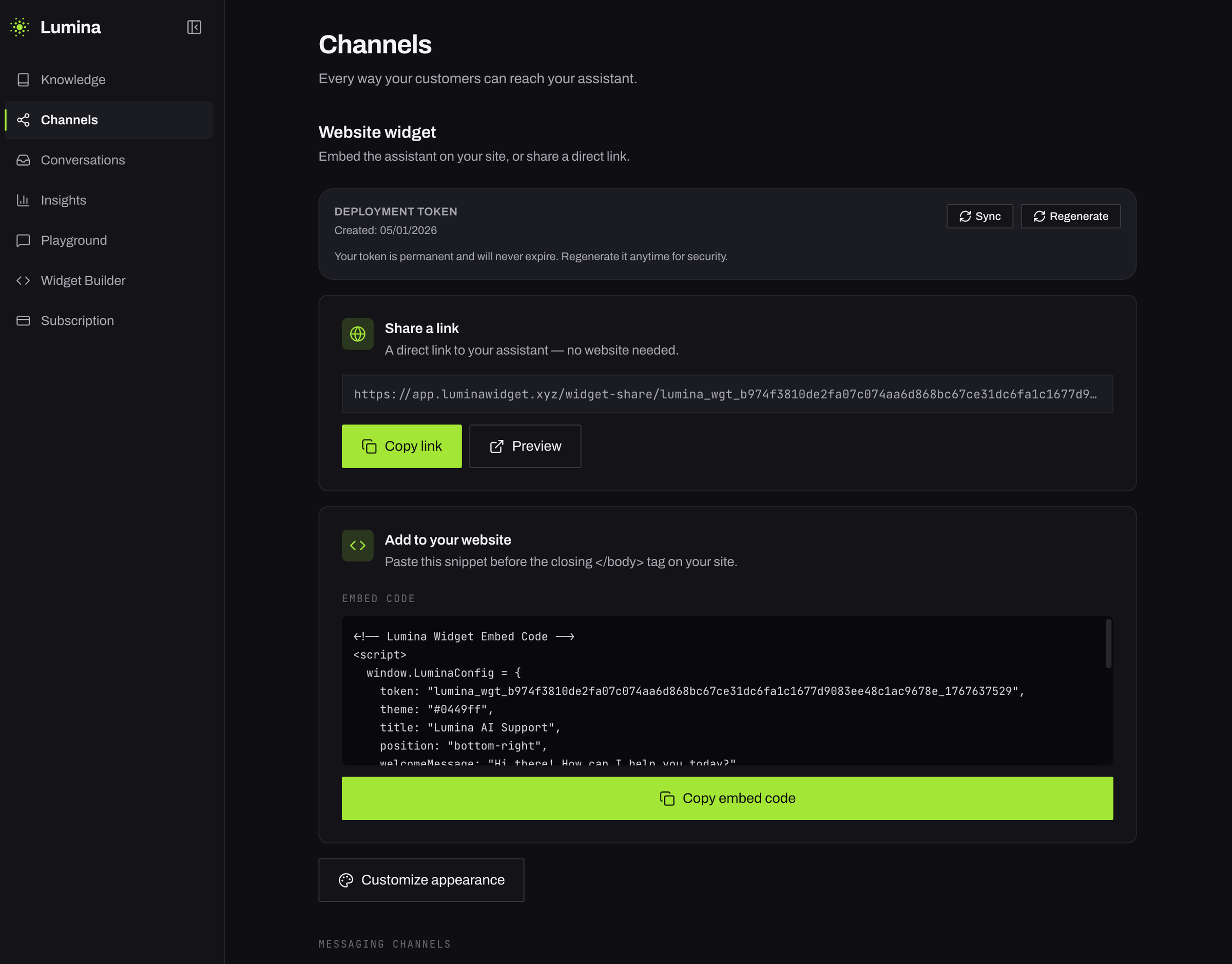Lumina Channels — website widget, share link and messaging channels