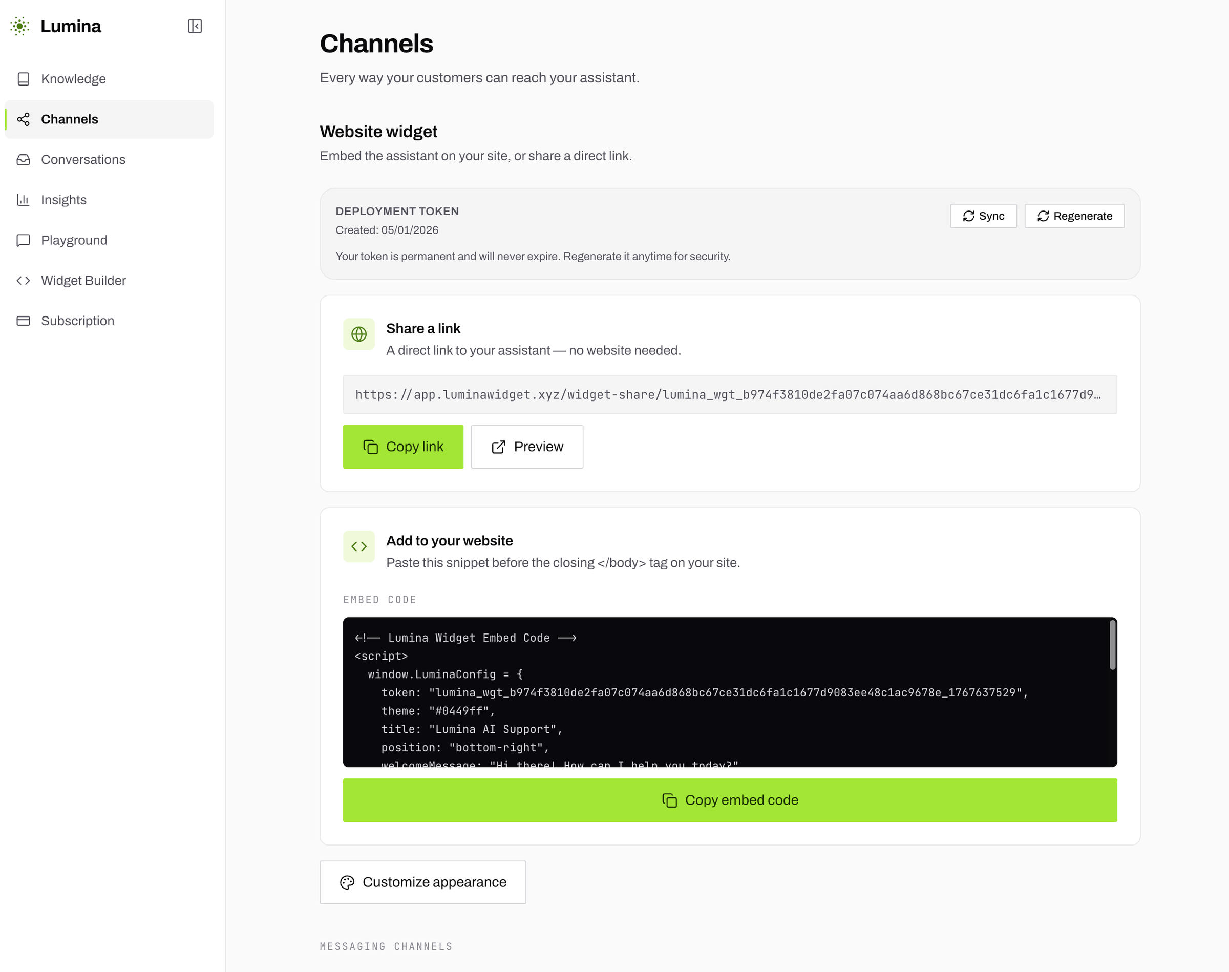 Lumina Channels — website widget, share link and messaging channels