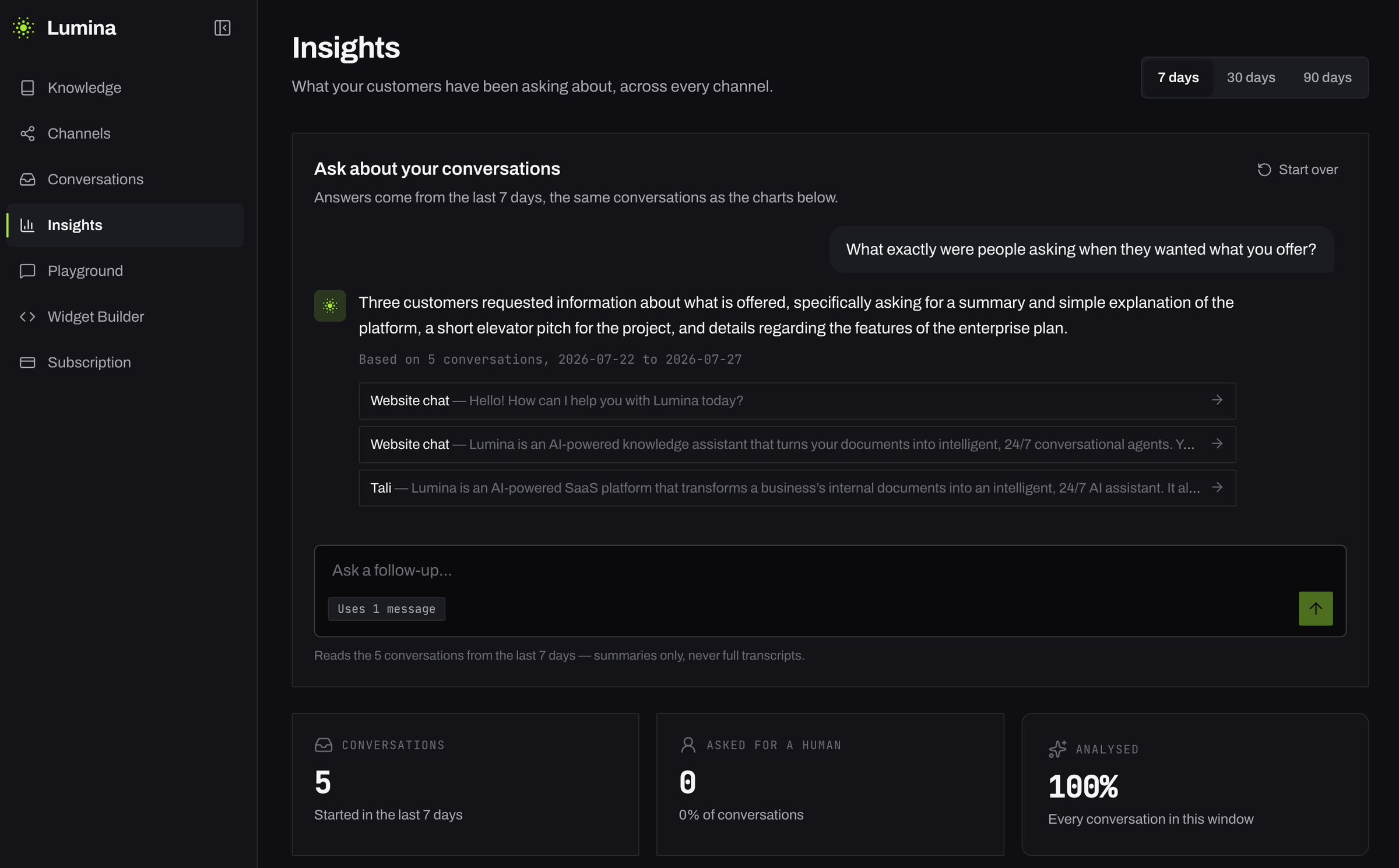 Insights — ask about your conversations, with the sources it based the answer on