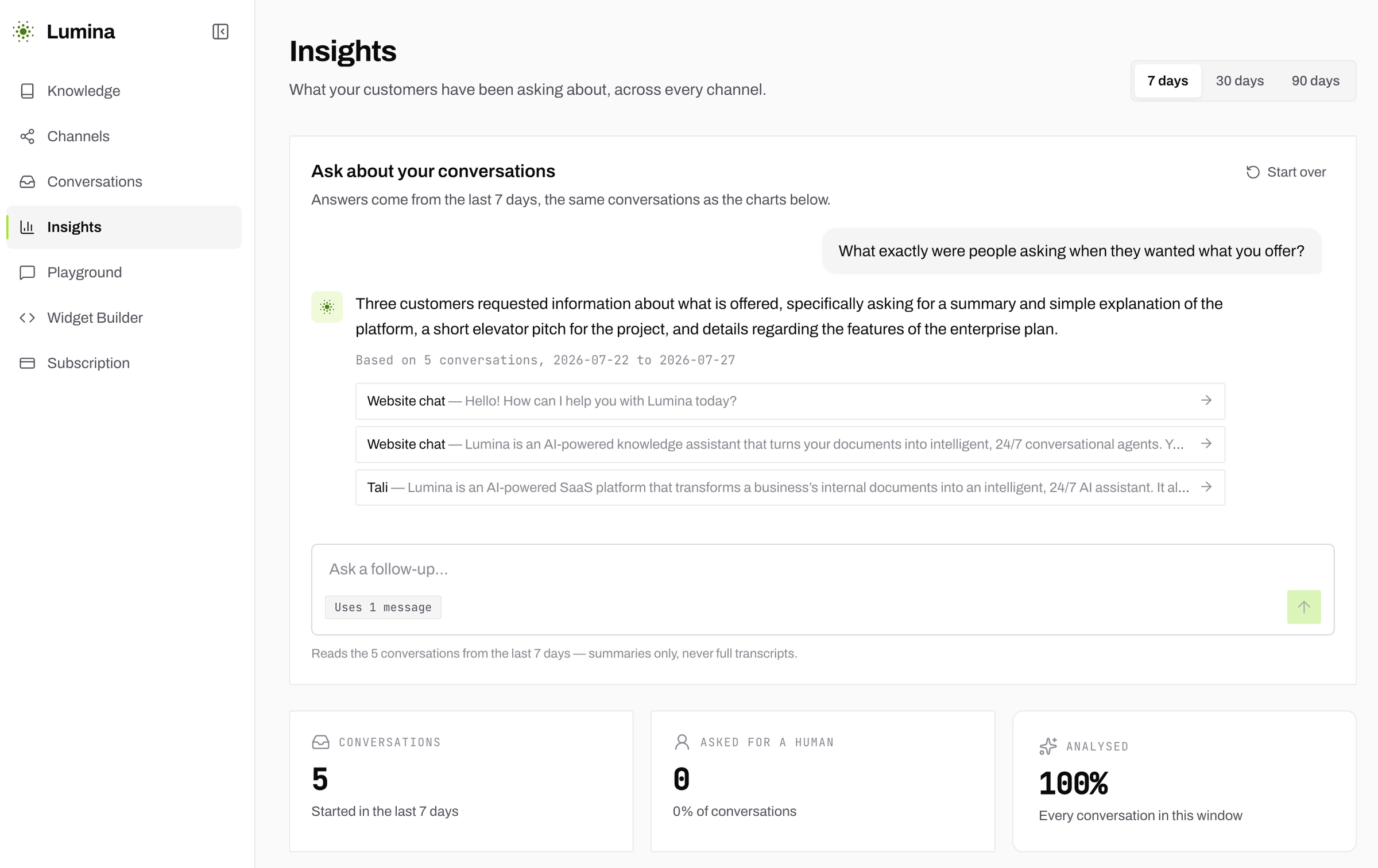 Insights — ask about your conversations, with the sources it based the answer on