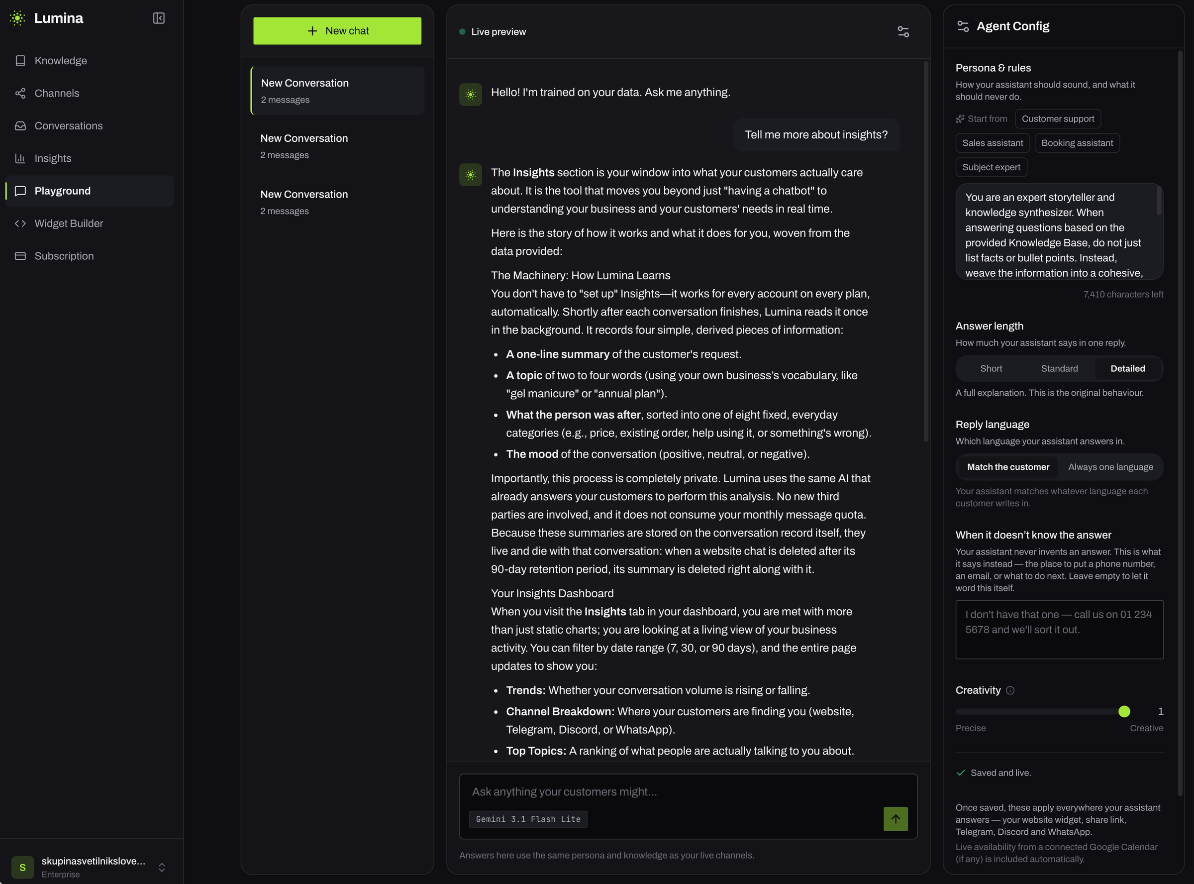 Playground with the Agent Config panel — reply language set to Match the customer