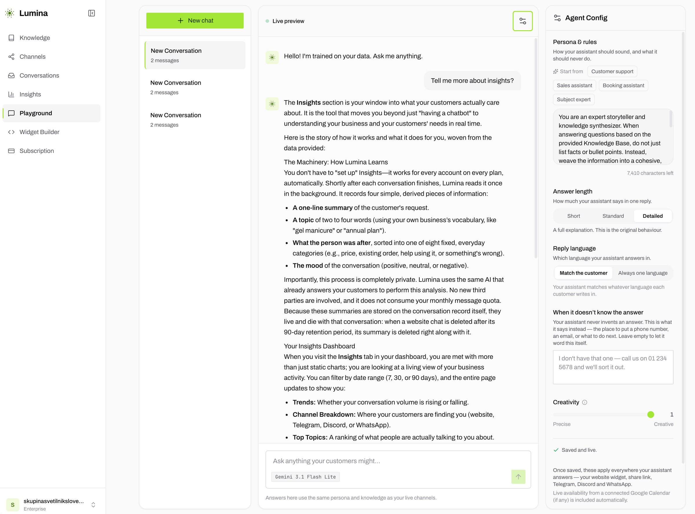 Playground with the Agent Config panel — reply language set to Match the customer